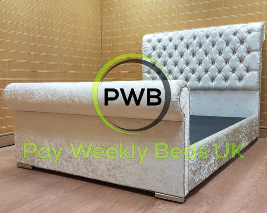 Luxury Crushed Velvet Chesterfield Sleigh frame bed - Pay Weekly Beds