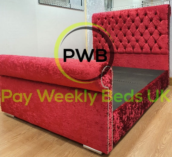 Red Crushed Velvet Chesterfield Sleigh frame bed - Pay Weekly Beds