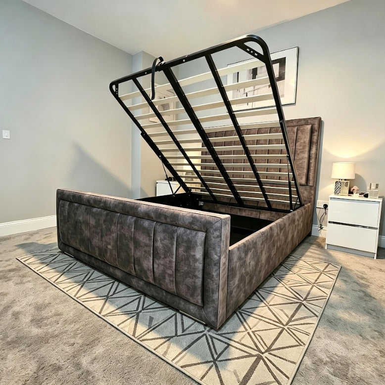Ottoman bed with gas lift open showing under-bed storage