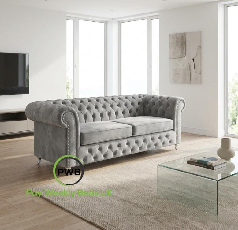 Chesterfield Settees 1, 2, 3 or 4 seater on Pay Weekly - Silver plush velvet