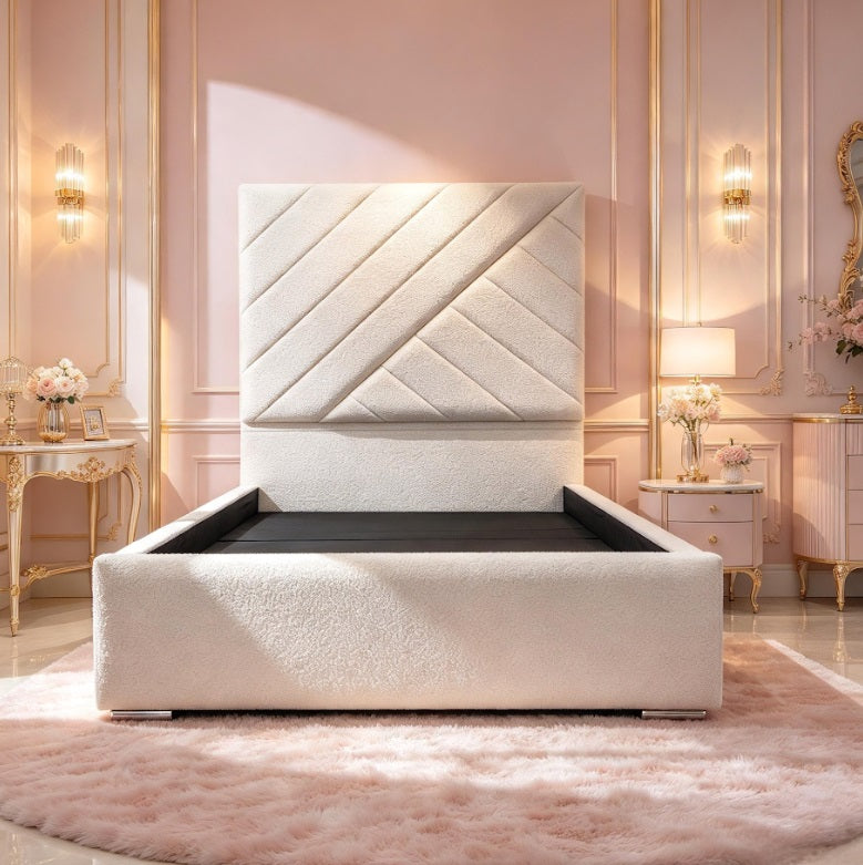 Courts high headboard bed on finance in boucle