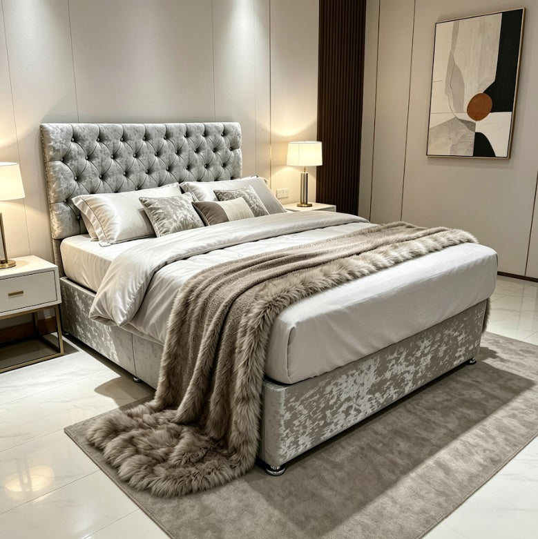 Divan bed with tall chesterfield headboard
