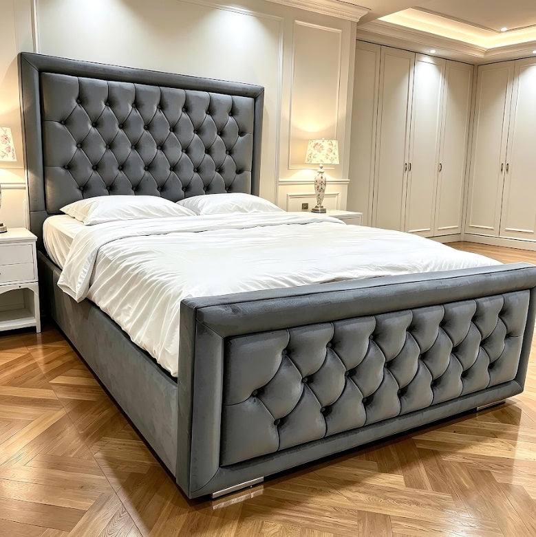 Double bed and mattress set in plush velvet with weekly payments