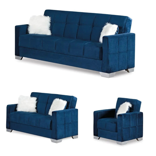 FlexiNest Sofa Bed Set 3+2+1 seater - Pay Weekly Blue Plush Velvet Sofa beds