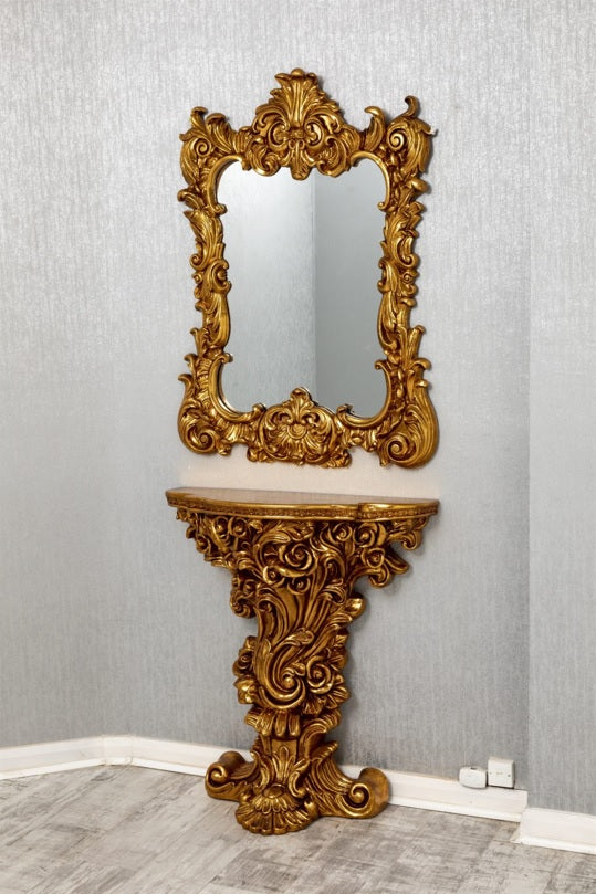 French Ornate Console and Mirror Set Gold - Pay Weekly Furniture