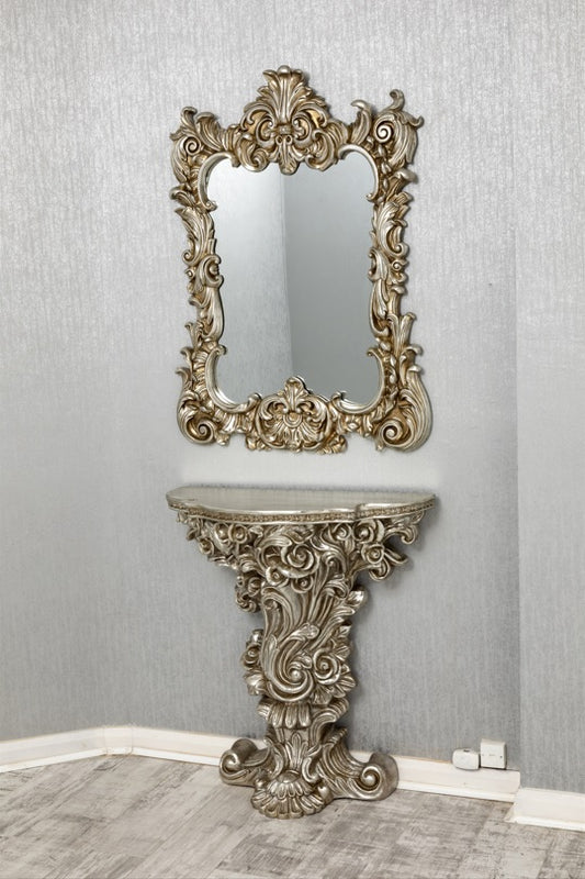 French Ornate Console and Mirror Set Silver - Pay Weekly Furniture