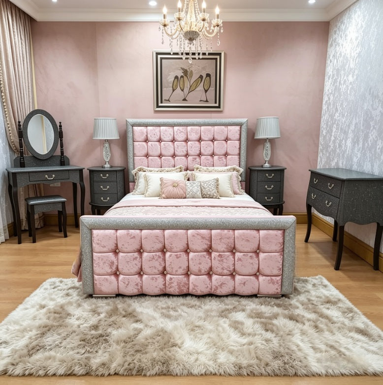 Pink crushed velvet bed and mattress with weekly payments