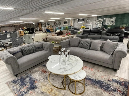 Grey Linen Chesterfield 3+2 Seater Sofa Set - Pay Weekly