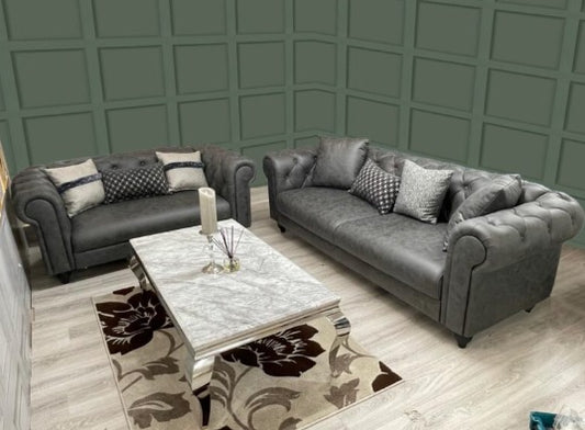 Grey Suede Chesterfield 3+2 Seater Sofa Set - Pay Weekly Sofas