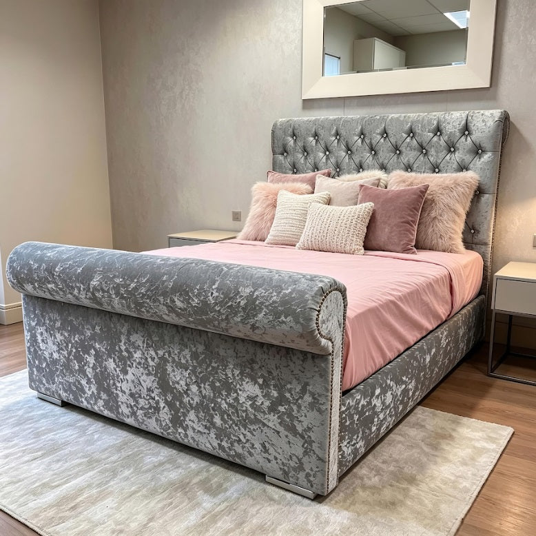Luxury Chesterfield Sleigh Bed and Mattress Set Single Small Double King Size Super King Pay Per Week - Crushed velvet