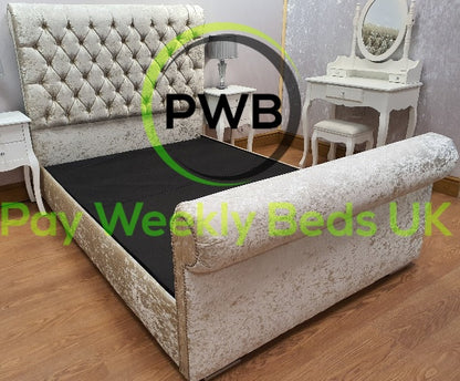 Luxury Crushed Velvet Chesterfield Sleigh frame bed - Pay Weekly Beds UK