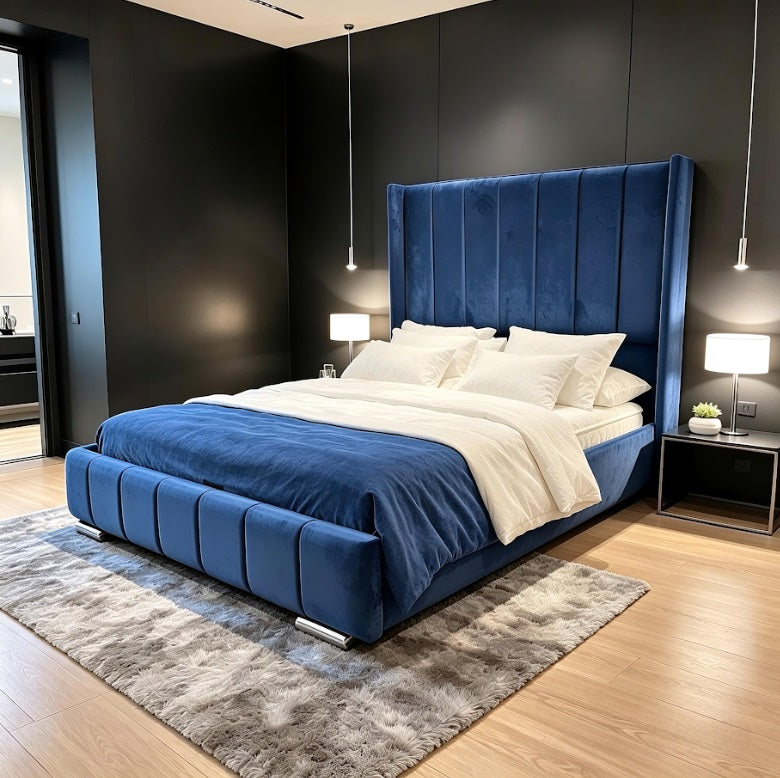 Pay Weekly Wingback bed in blue plush velvet