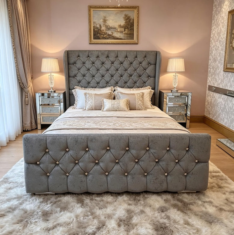 Buttoned Presidential Wingback Bed on Finance