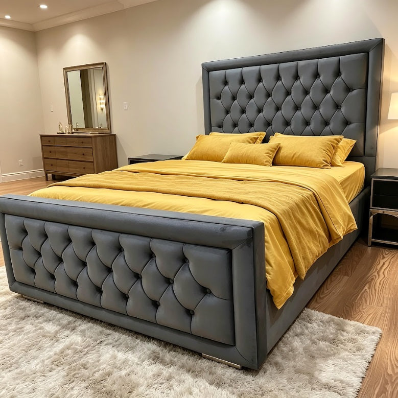 Plush velvet super king bed and mattress on finance - Pay Per Week