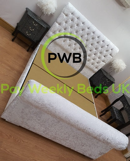 White Crushed Velvet Chesterfield Sleigh frame bed - Pay Weekly Beds UK