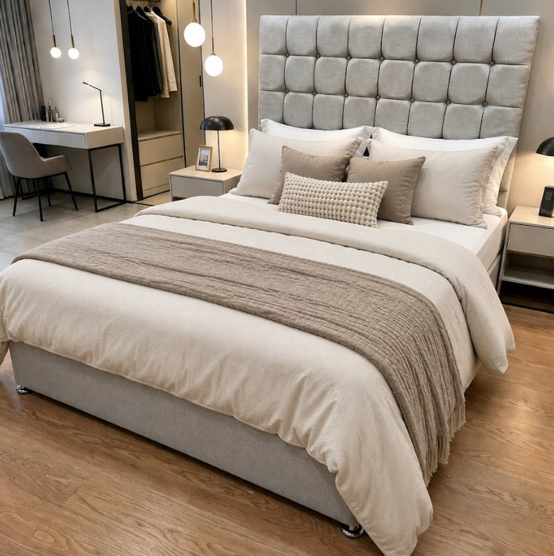 Divan bed with cube headboard - Single to Super King Size and 40 colour options