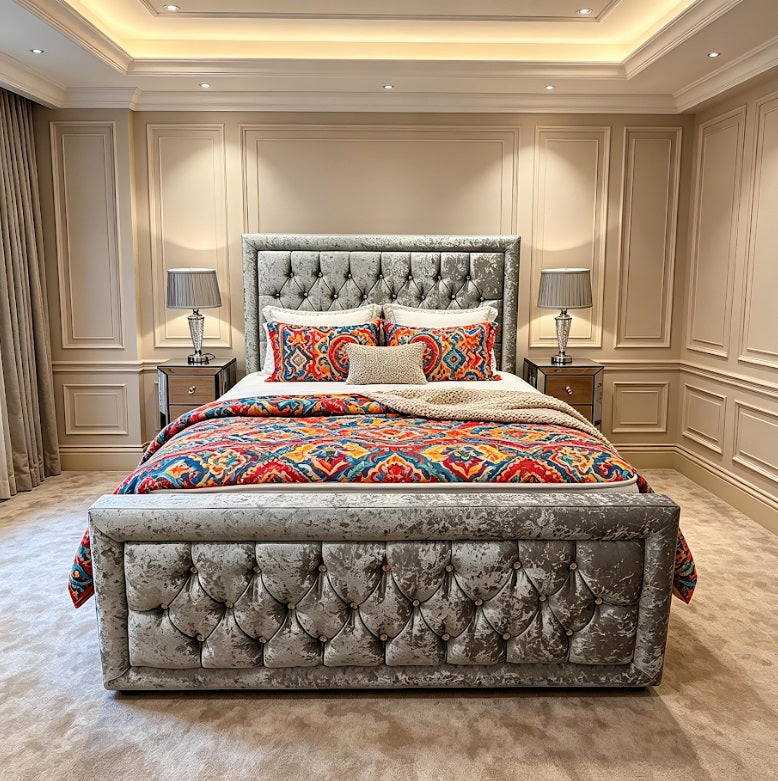 Grey King Size Bed and Mattress Set | Chesterfield Upholstered Bed with Pocket Sprung Memory Foam Mattress