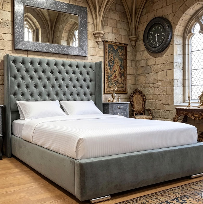 Grey wingback bed base on finance
