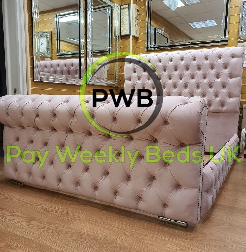 Baby Pink Plush Velvet Sleigh Bed - Pay Weekly Beds