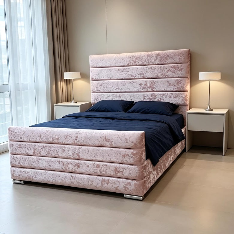Pink crushed velvet bed on finance with Pay weekly