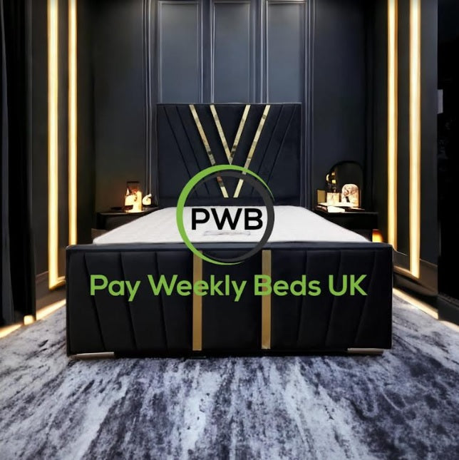 Versailles Frame Bed - Pay Weekly Beds UK. Black plush velvet with gold